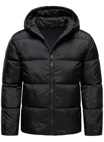 HOOD CREW Mens Hooded Winter Coats Warm Puffer Jacket Thicken Quilted Jackets Outerwear Black M