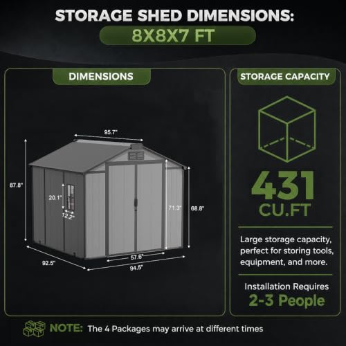 Image of 8x8 FT Resin Storage Shed with Floor & Skylight, Large Outdoor Shed