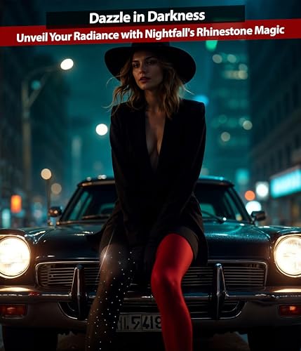 Image of Dual-Tone Semi-Opaque Tights: Black and Red High-Waisted Pantyhose with Sparkling Rhinestones Along Black Side - Size S-L, Glamorous Rhinestone Tights