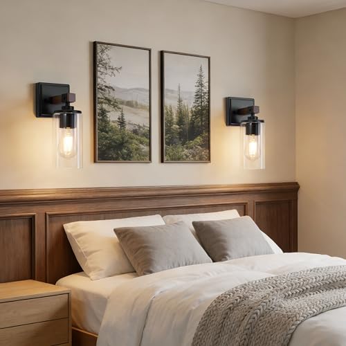 Image of Wall Sconces Set of 2, Farmhouse Rustic Vanity Wall Light Fixture Hardwired | Dark Brown Wood Grain Rustic Wall Sconce with Clear Glass Shade for Mirror, Bathroom, Bedroom, Hallway, E26(Bulbs Not Includ)
