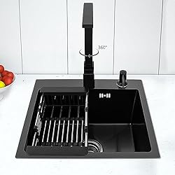 Fregadero Completo Fregadero de cocina Juego completo Negro Acero Inoxidable Fregadero Integrado Rectangular con Nano Revestimiento Fregadero con Grifo Extensible Dispensador de Jabón Tamiz Retráctil Diseño de