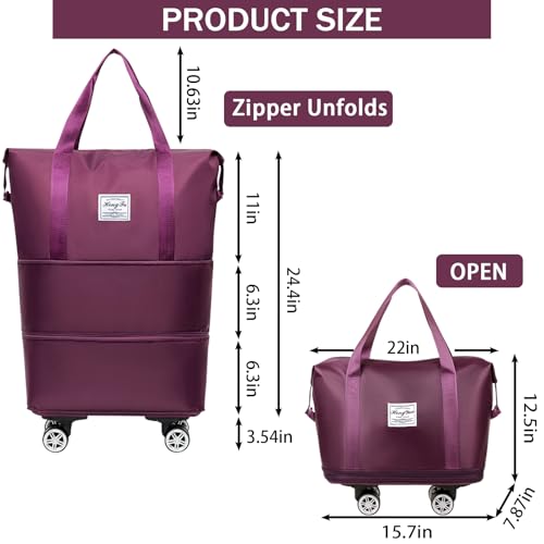 Rolling Duffle Bag with Detachable Wheels Expandable Foldable Duffle Bag for Travel Luggage bag Carry on Weekend Travel Bag (Fuchsia)2