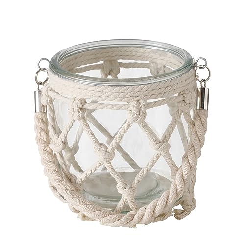 ReWu Windlicht im Boho Stil mit Makramee Verzierung aus Glas und Baumwolle H 14 cm Ø 14 cm Boho Deko Kerzenhalter