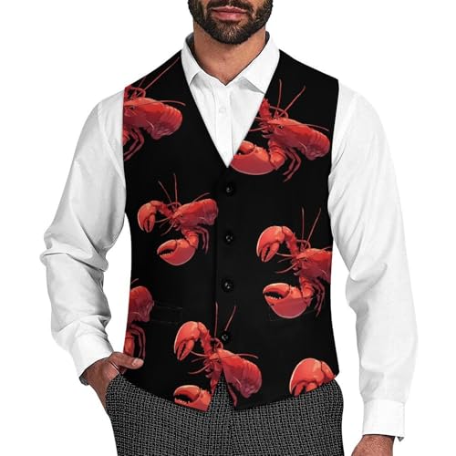 Lobster Print Mens Slim Fit Suit Vest Dress Waistcoat Casual Business Vest