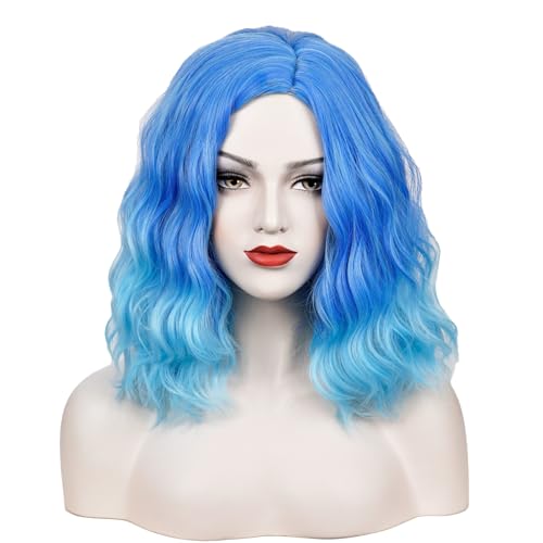 BUFASHION 14" Women Short Ombre Blue Pastel Blue Wavy Curly Bob Wig Heat Resistant Synthetic Wig Halloween Cosplay Daily Party Wigs Include Wig Cap (Ombre Blue Pastel Blue)