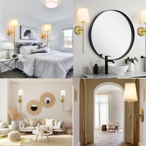 Image of Wall Sconces Sets of 2, Classic Brushed Brass Sconces Wall Lighting, Hardwired Bathroom Vanity Light Fixture with Fabric Shade for Bedroom Living Room Hallway Kitchen (Bulbs Included)(Warm light)