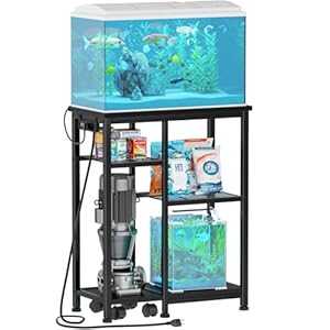 Aquarium Stand with Power Outlet, 3 Tiers Fish Tank Stand with Adjustable Storage Shelves & 4 Wheels for 10, 20 Gallon, 200LBS Capacity Terrarium Stand, Reptile Tank, Black, 24.8″ x11.8″ x 30.8″