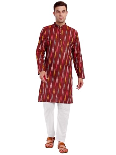 Image of SKAVIJ Men's Pure Cotton Printed Kurta Pajama Set Ikat Design Casual Ethnic Dress
