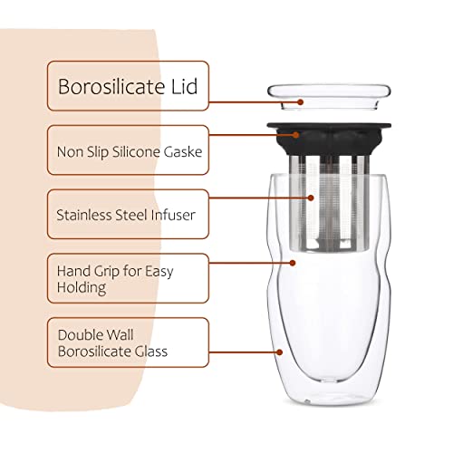 BTAT- Double Wall Glass Tea Cup With Stainless Steel Infuser & Lid, 16oz, 500ml, Tea Cup with Lid, Christmas Gifts