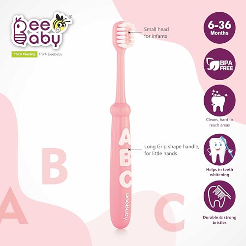 Image of BeeBaby Brush Buddy Toothbrush for Infants 6 Months +. Small Head 10 x Super Soft Tapered Bristles ideal for Milk Teeth, 100% BPA Free. Blue & Pink. Pack of 2