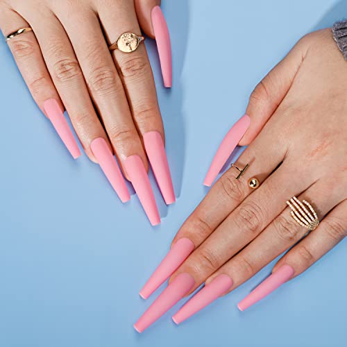 Xxxl Press On Nails, Bettycora Glue On Nails Extra Long Xxxl Coffin Press On Nails Fake Nails With Nail Glue Stick On Nails Acrylic False Nail Tips Kit 12 Sizes 24 Pcs, Matte Barbie Pink #TOP5