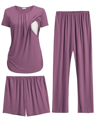 Ekouaer Nursing Pajamas Maternity Lounge Set Postpartum Outfits Breastfeeding Shirts Pregnancy Shorts & Pants Purple Red L