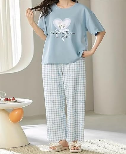 Image of Womens Night Dress Pajama Set Soft Stretchable Spandex Nightwear Night Suit Ladies Loungewear Sleepwear Two Piece Top and Pyjama Set for Women