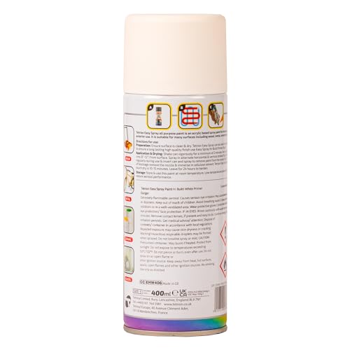 Image of Tetrion Easy Spray Paint Primer - Hi-Build White Primer 400ml - Acrylic Spray for Wood, Metal, Plastic, Ceramic & More, Smooth Base Coat for Long Lasting Finish - Indoor & Outdoor Use, 13.5 Oz