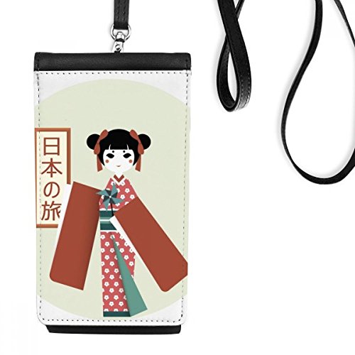 Bourse smartphone en cuir noir avec motif de fille japonaise traditionnelle