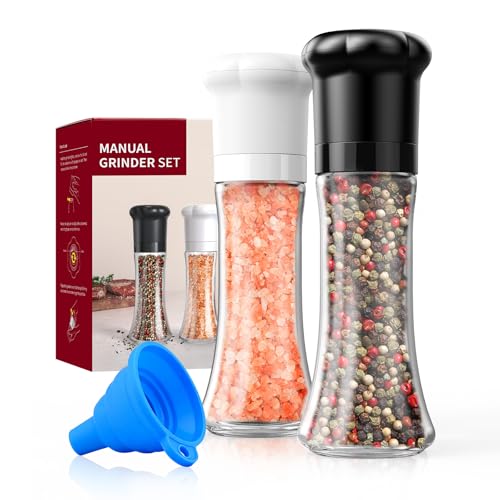 CIRCLE JOY Premium Manual Salt and Pepper Grinder Set, Refillable Salt and Pepper Shakers with Ceramic Blades, Adjustable Coarseness and BPA-free 180ml Glass Container, Tall Black White
