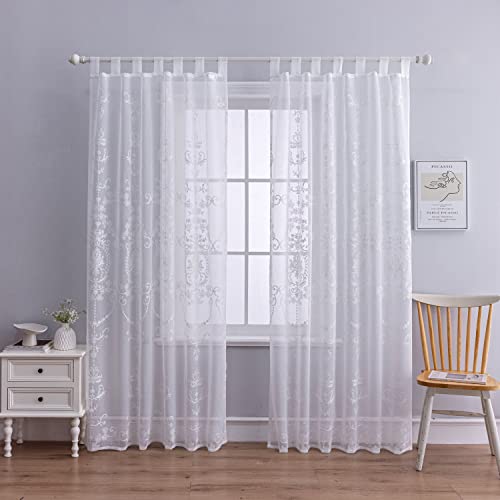 Homeyho Tab Top Sheer Curtains 84 Inch Length Faux Linen Embroidered Floral Drapes For Living Room European Window Treatments Curtains 2 Panels Set White 52 W X 84L #TOP3