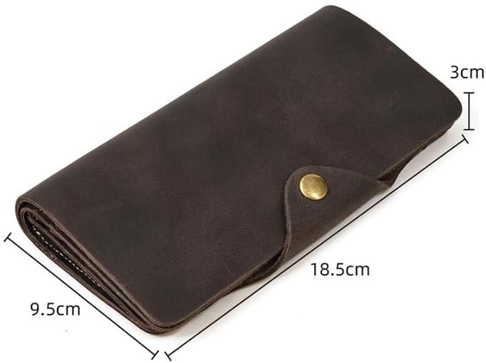 Men's Genuine Leather Wallet with Vintage Snap Fasteners Long with Multiple Card Slots Clutch for Business Use