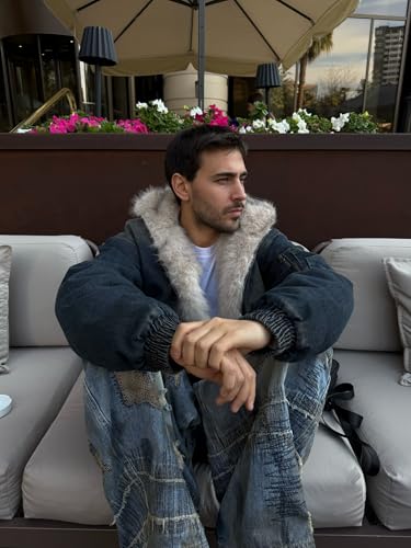 Fuzzy Hoodie Lined Thicken Denim Urban Vintage Trucker Hooded Jean Jacket Outwear3