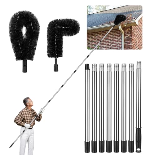 Younqiook 10.5FT Gutter Cleaning Tools from The Ground, No Ladder Needed Telescopic Gutter Cleaner with 8 Extension Poles & 2 Brushes for Leaf, Debris, Roof Gutter and Downspout Cleaning