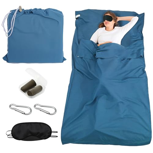 BORISCA 220x90cm Blu Lenzuolo Sacco a Pelo + Paraocchi + Moschettoni*2, Morbido e Confortevole Estivo Sacco a Pelo Ultraleggero, Sacco Lenzuolo da Viaggio Ultraleggero per Campeggio, Hotel, Treni