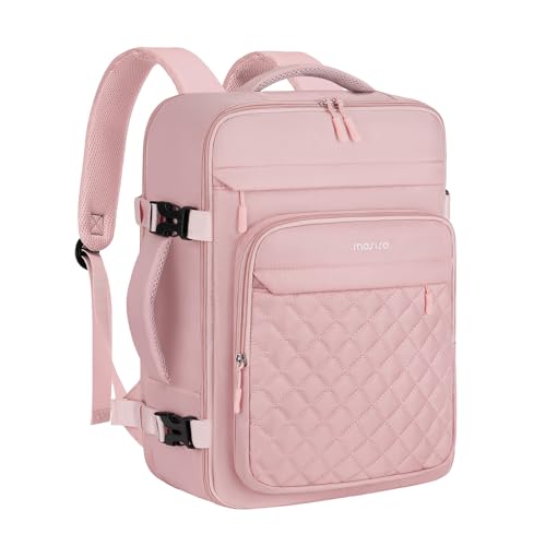 MOSISO Travel Backpack for Women Men, 15-15.6 inch Rhombus Quilted Laptop Backpack Flight Approved with Packing Cubes, 16 inch Carry on Daypack with USB Port for College Work Business, Pink