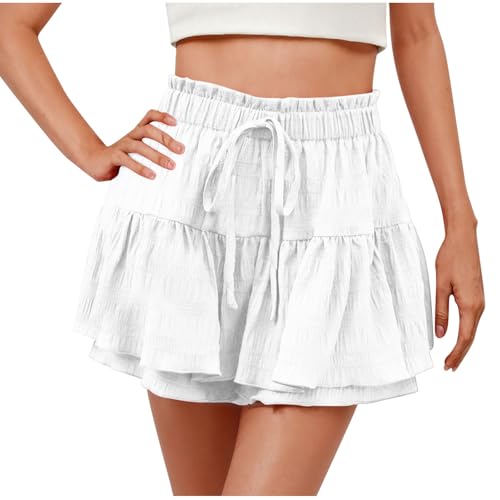 Shorts for Women Trendy Ruffled Hem High Waisted Drawstring Short Pants Flowy Casual Summer Beach Skirt Shorts 2025(White,Large)