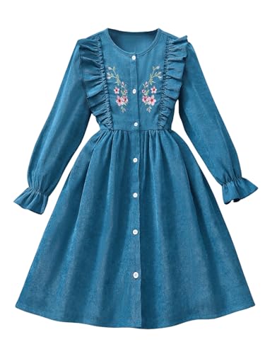 SweatyRocks Girl's Floral Ruffle Midi Dress Button Down Crewneck Long Sleeve A Line Fall Dresses