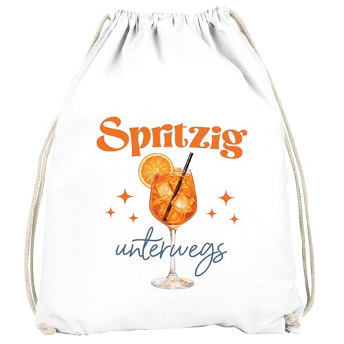 MoonWorks Turnbeutel Spruch Lustig - Spritzig unterwegs - Gruppenoutfit Gadget Accessoires Party JGA Fasching Karneval Gymbag Weiss unisize