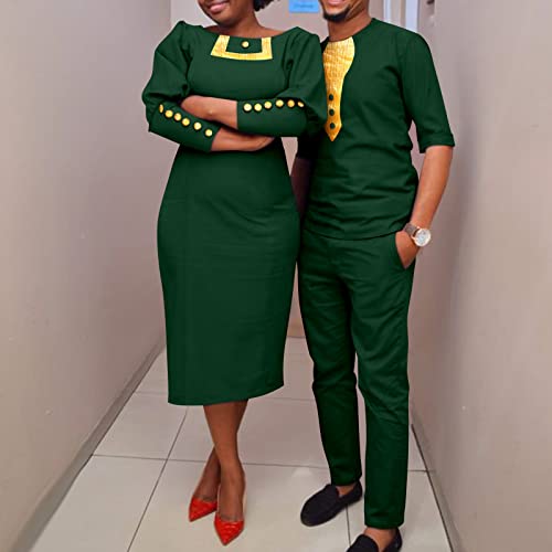 African Couple Dashiki African Women Cuffed Button Dress Bazin Riche Men's Set Kaftan Top and Pants Set2