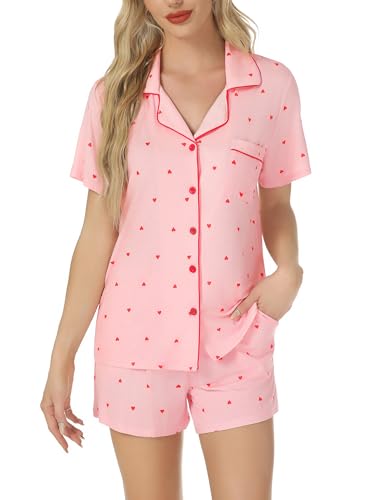Image of Pjmlifecoco Women's Modal Pajama Set Short Sleeve Button Down Two Piece Soft Sleepwear with Shorts Loungewear S-XXL