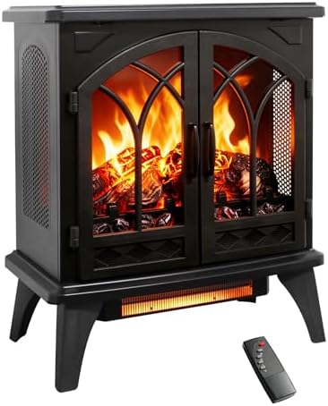 24" Electric Fireplace, Freestanding Fireplace Heater w/Realistic Flame, Remote, Timer, Adjustable Brightness, Thermostat, Overheating Protection, 1500W, Black - Thumbnail 5