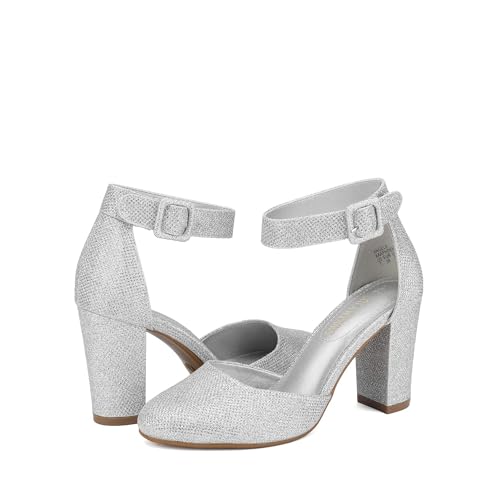 DREAM PAIRS DREAM PAIRS Women's High Heel Ankle Strap Closed Toe Chunky Wedding Party Pumps Shoes,Size 8.5,Silver/Glitter,Angela