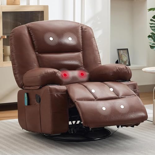 Image of Oversized Manual Swivel Recliner Chair for Adults, 360 Swivel Rocker Glider with Vibration Massage & Heat, Extra Wide Chenille Fabric Lazy Chair for Living Room Bedroom, Brown PU