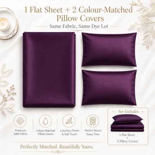 Image of Cloth Fusion Flat Satin Bedsheet Super King Size 108x108 inch | Wine, 2 Pillow Covers, 300 TC, Glossy Finish, Smooth on Hair and Skin, Gift for Couples, Wedding & Anniversary