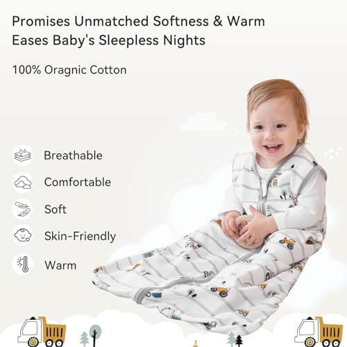 Image of Baby Sleep Sack 12-18 Months 0.5 Tog Wearable Blanket Baby, 3 Pack 100% Cotton Lightweight Sleeping Sack with 2-Way Zipper for Infant Toddler Excavator