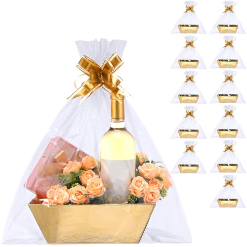 Image of Thenshop 44 Pcs Basket for Gifts Empty Gift Basket Bulk Include 12 Cardboard Tray 12 Plastic Bags and 20 Pull Bows for Christmas Fall Halloween Birthday Wedding Party DIY Wrapping(Solid,Gold)