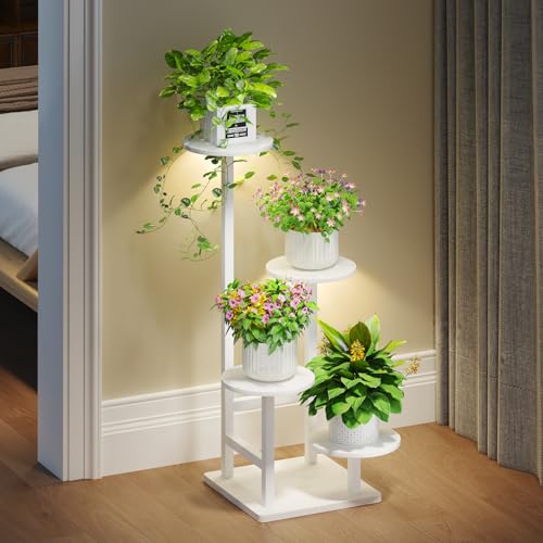 Image of Homsorout Plant Stand Indoor with Grow Light, 4-Tiered Tall Plant Stand Indoor, Metal Plant Shelf with Adjustable Light, Ideal for Living Room, Garden, Patio white