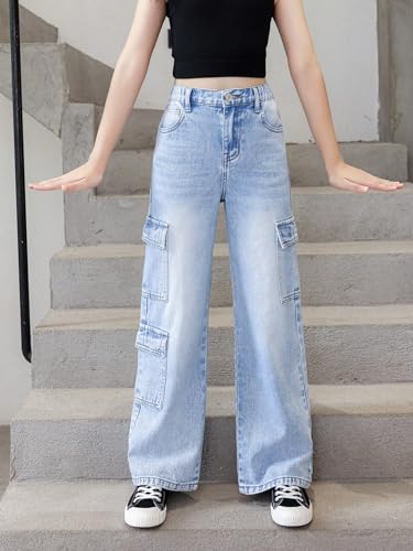 OYOANGLE Girl's Cargo Jeans Zipper Fly Flap Pocket Straight Leg Y2K Denim Pants4