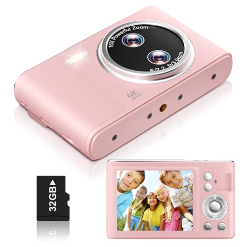 Digital Camera, UHD 4K Cameras for Photography with 48MP, Pink Digital Camera with 16x Zoom, Point and Shoot Digital Cameras with 32GB Card, Camera for Kids/Teens/Girls/Boys (Pink)