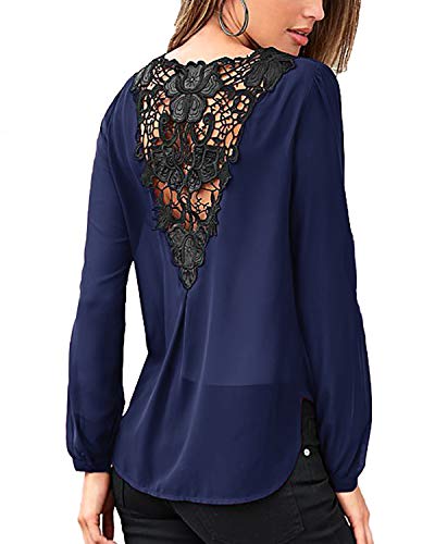 YOINS Tshirt Femme Haut en Dentelle Boheme Chic Dos Nu Top Noir Tee Sexy Manches Courtes Navy XL