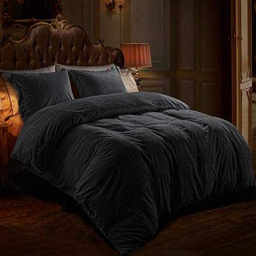 BEDSUM Luxury Crystal Velvet Bedding Duvet Cover Set, 3 Pieces Zippered Flannel Comforter Cover Set, King, 104 x90 , Charcoal Grey