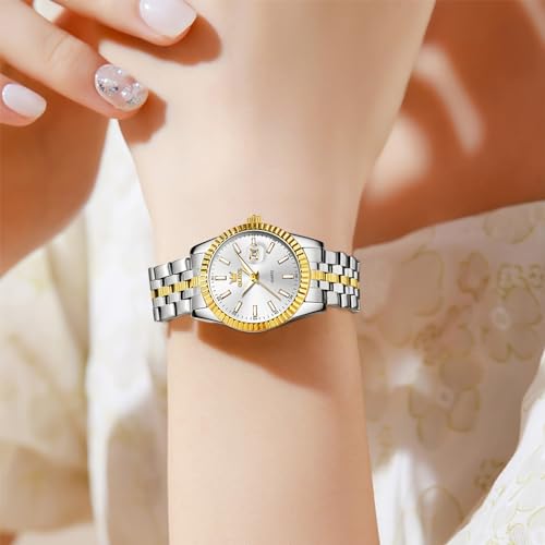 OLEVS Women's Stainless Steel Watch, Luxury Gold Silver Two Tone Easy to Read Analog Quartz Dress Watch for Women, Elegant Waterproof Luminous Calendar Date Ladies Watches for Small Wrists3