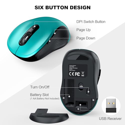 Image of WisFox 2.4G Wireless Mouse for Laptop, Ergonomic Computer Mouse with USB Receiver and Type-C Adapter, 3 Adjustable Levels, 6 Button Cordless Wireless Mice for Windows Mac PC Notebook (Green)