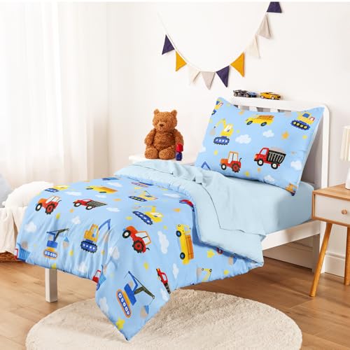 Image of Wake In Cloud - Toddler Bedding Set for Boys, Construction Car Excavator Truck, 4 Pieces Soft Crib Bed Set Including Comforter, Sheets and Pillowcase, Light Blue