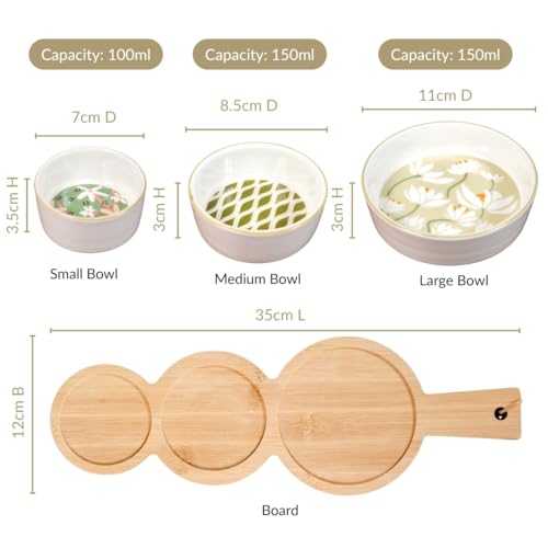 Image of Nestasia Ceramic Serving Platter Set | 3 Small Microwave Safe Snack Bowls with 1 Wooden Tray | 100% Food Safe Tray Set - Perfect for Serving Dips, Dry Fruits & Snacks (Green & White)