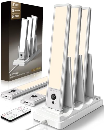 Image of EZVALO 5-Pack Under Cabinet Lighting with Charging Station, 2400mAh Motion Sensor Light, LED Coutner Lights Wireless, 3000K Dimmable, Timer, Magnetic, with Remote Control for Kitchen, Closet, Stair