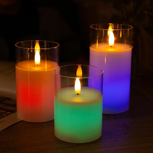 Image of Color Changing Flameless Candles Remote Timer Party Decor Set of 3 | Multicolor Light, White Glass, Real Wax, Steady LED Flame, 18 Key Remote, Timer, 3 Sizes, Set Of 3