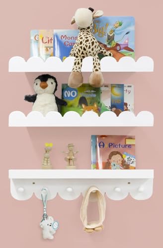 Image of icnjdMopclean Wall Book Shelves for Bedroom Kids with Hooks - Scalloped Shelves for Nursery Set of 3, Nursery Bookshelf for Wall Room Decor, 16 Inch