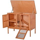 Pawhut Conejera de Exterior Jaula de Mascotas Pequeñas de Madera 2 Pisos para Conejos Cobayas Hámster con Techo Asfáltico Bandeja Extraíble Rampa 102x56x85 cm Madera Natural